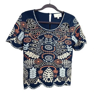 J.O.A. Blue Navy Embroidered Shortsleeve Blouse Size Medium Style BC3869